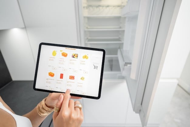 A clean, modern kitchen showing a smart refrigerator with an integrated screen displaying grocery lists and family schedules, along with smart enabled small appliances on the countertop, suggesting convenience and efficiency.