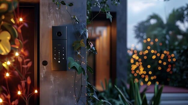 A sleek, modern video doorbell mounted on a front door, showing a clear, wide-angle view of a garden path, with a smartphone displaying the doorbell's live feed in the foreground.