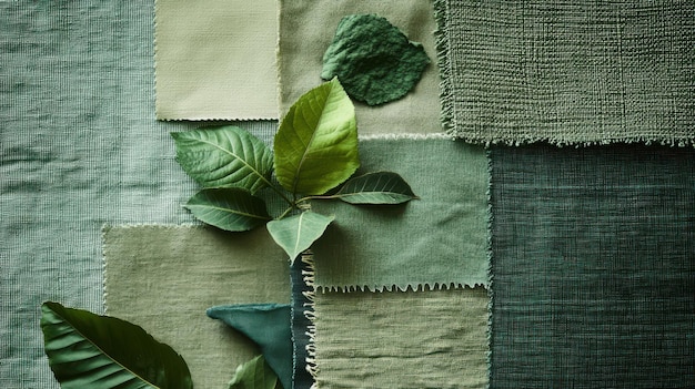 A detailed flat lay of sustainable fabric swatches in various textures and colors, with some showing recycled fiber content and natural dyes.