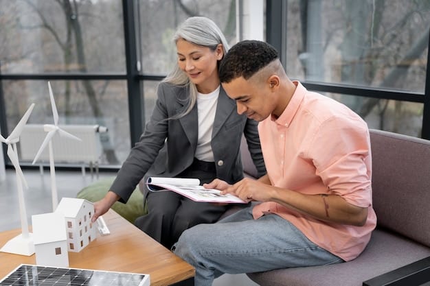 A homeowner is reviewing a government brochure about energy-efficiency rebates and incentives, seated in a well-lit room with modern, energy-efficient windows visible in the background. The visual suggests thoughtful planning and financial benefits.