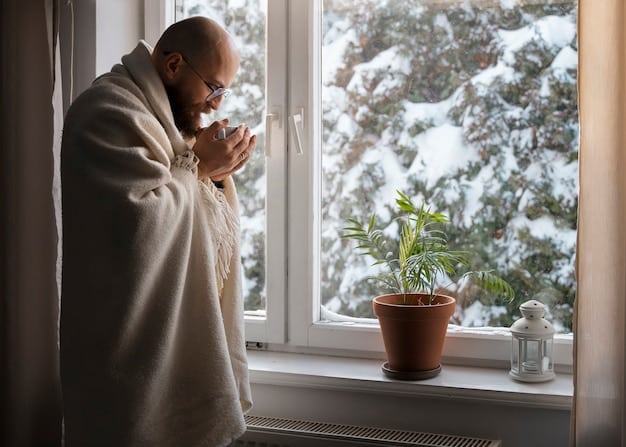 A homeowner looking out a window at their snow-covered yet well-maintained property, reflecting satisfaction.