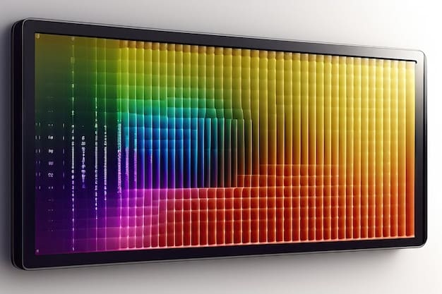 A projector displaying a complex video calibration pattern with multiple colors and grayscale bars on a large screen in a dimly lit room.