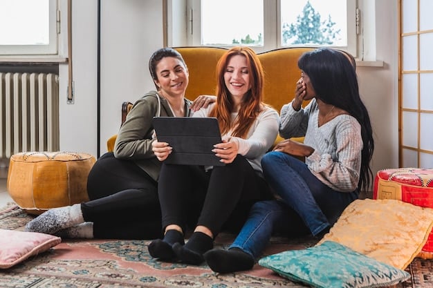 A group of diverse students happily reviewing fashion items on a tablet and smartphone, sitting on a dorm room couch, surrounded by clothes and accessories.
