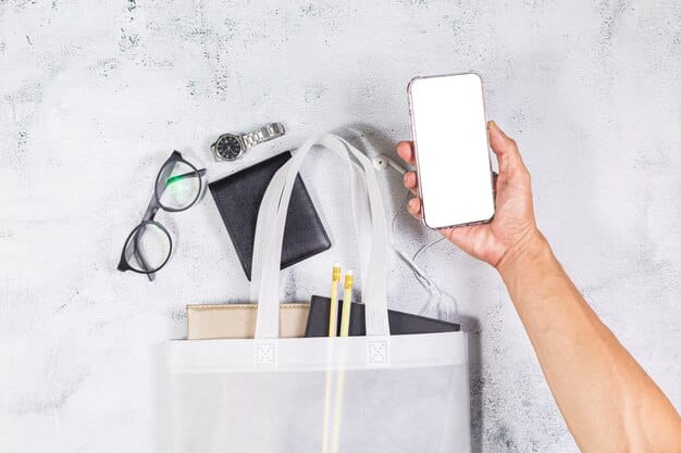 A close-up of a student's hand holding a SHEIN shopping bag, with a smartphone displaying a discount code and stylish accessories in the background.