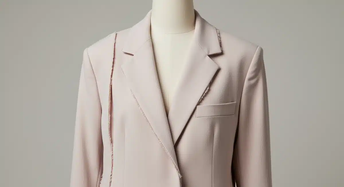 Close-up of a pastel deconstructed blazer, highlighting tailoring details for Spring 2026