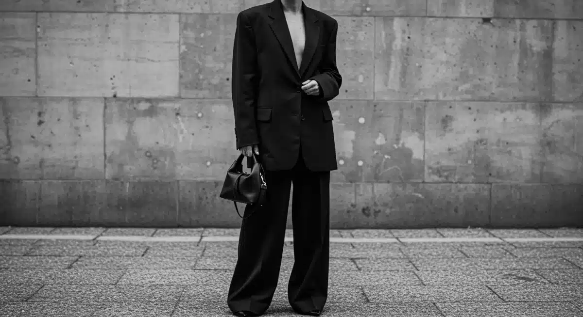 Woman in an oversized blazer and wide-leg trousers, exemplifying modern power dressing