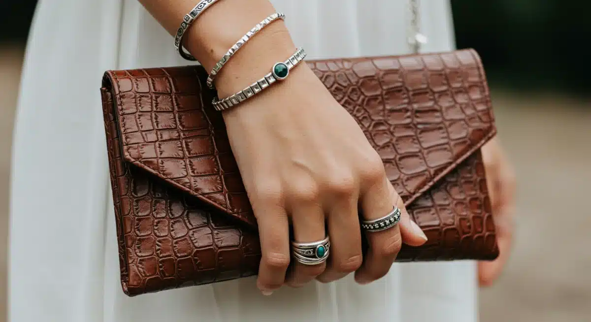 Detailed view of stacked rings, bracelet, and a textured clutch bag for an elevated look.