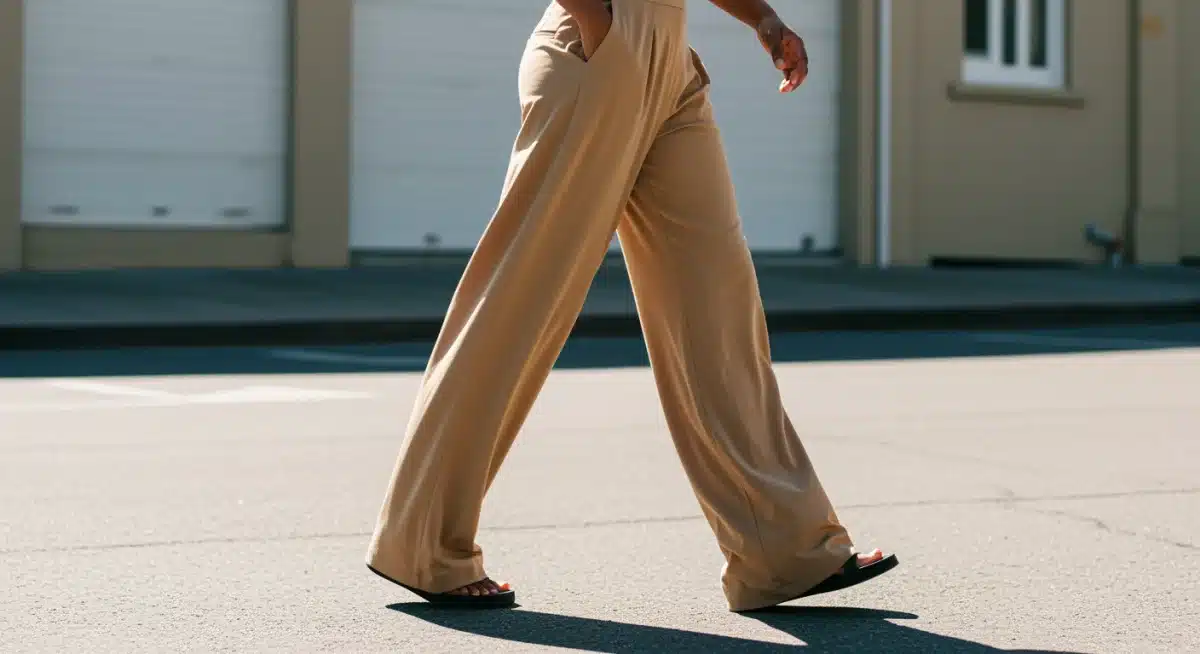 Person walking in elegant wide-leg trousers and a sheer top, embodying Spring 2026 style