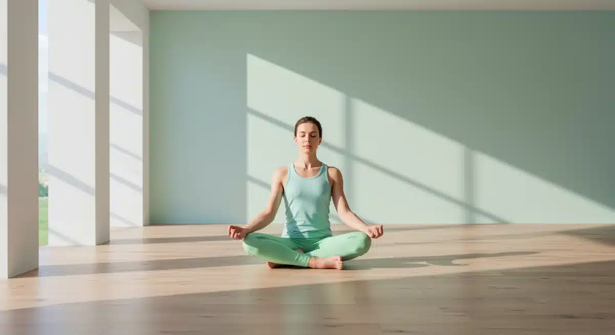 Serene individual in calming pastel blue and green clothing, meditating.