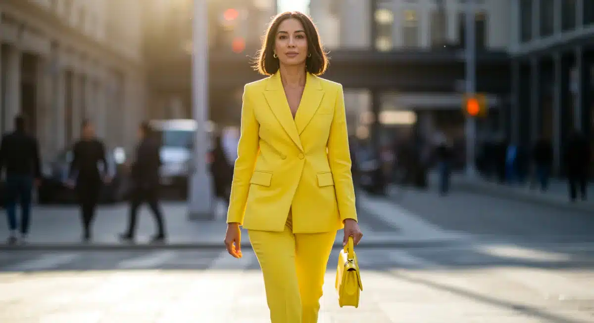 Woman in vibrant yellow power suit, exuding confidence and optimism.