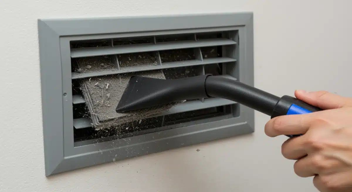 Person cleaning air vent, improving home air quality.