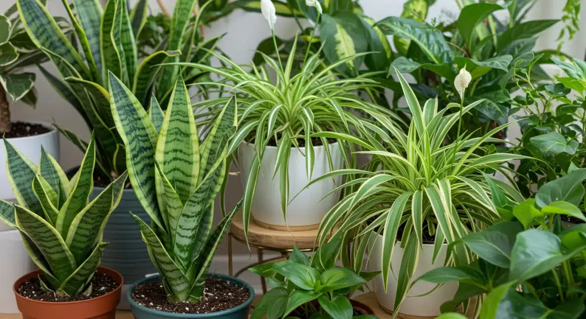 Air-purifying houseplants in a bright room, enhancing indoor air quality.