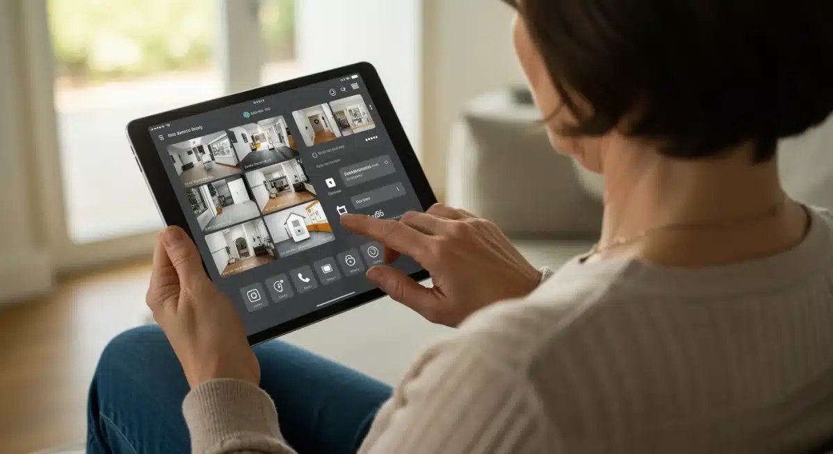 Homeowner controlling smart security system via tablet app