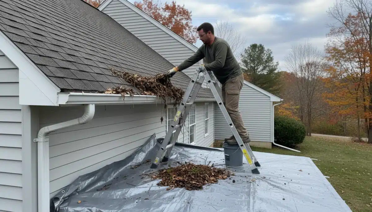 Person cleaning clogged gutters, essential for home upkeep.
