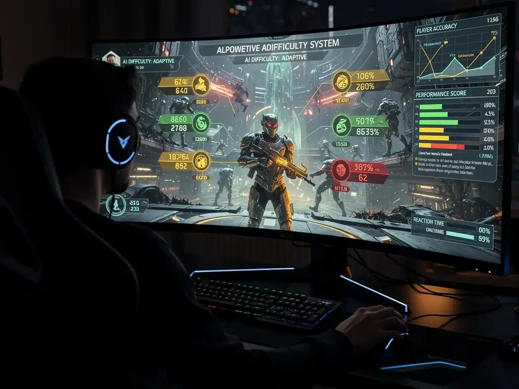 Gamer experiencing AI-powered adaptive difficulty in a video game.