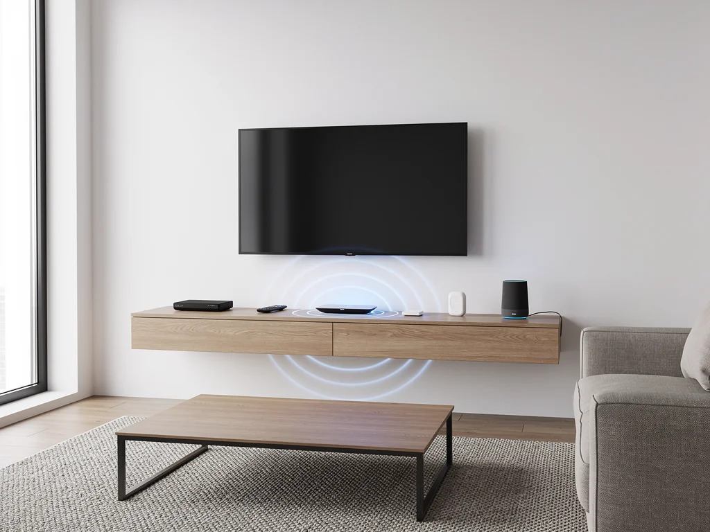 Resonant magnetic charging system powering smart home devices in a living room.