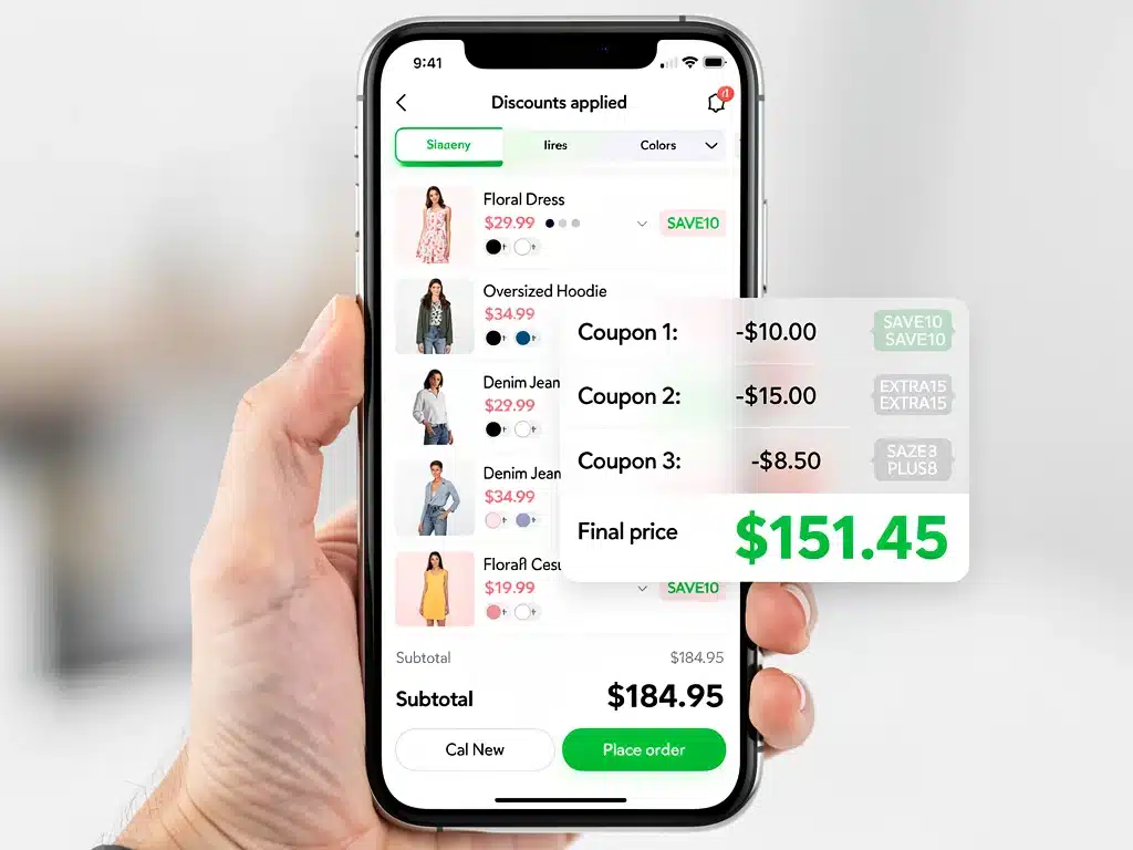 Shein app displaying stacked discount codes on a smartphone for maximum savings.