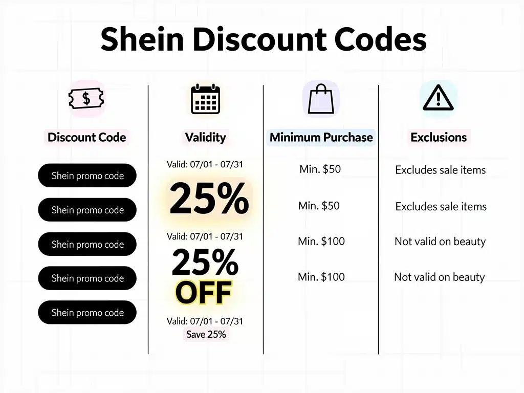 Comparison of Shein discount code terms and conditions for 25% savings