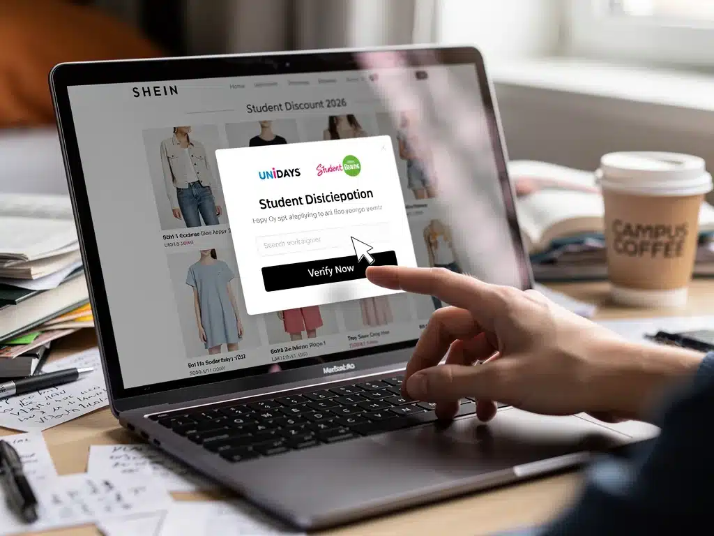 Laptop screen displaying Shein student discount verification portal for 2026.