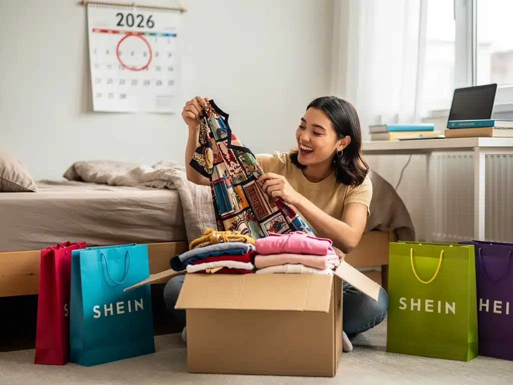 Student unboxing Shein haul, illustrating savings from Shein student discounts 2026.