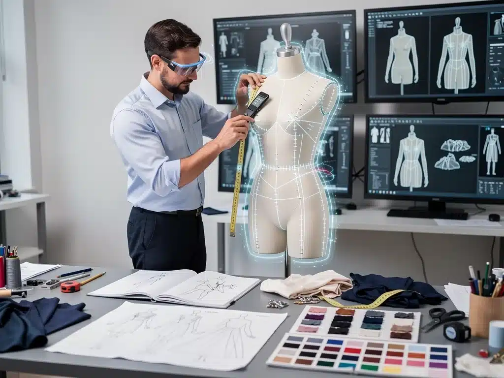 Fashion designer using AR to perfect garment fit on a mannequin.
