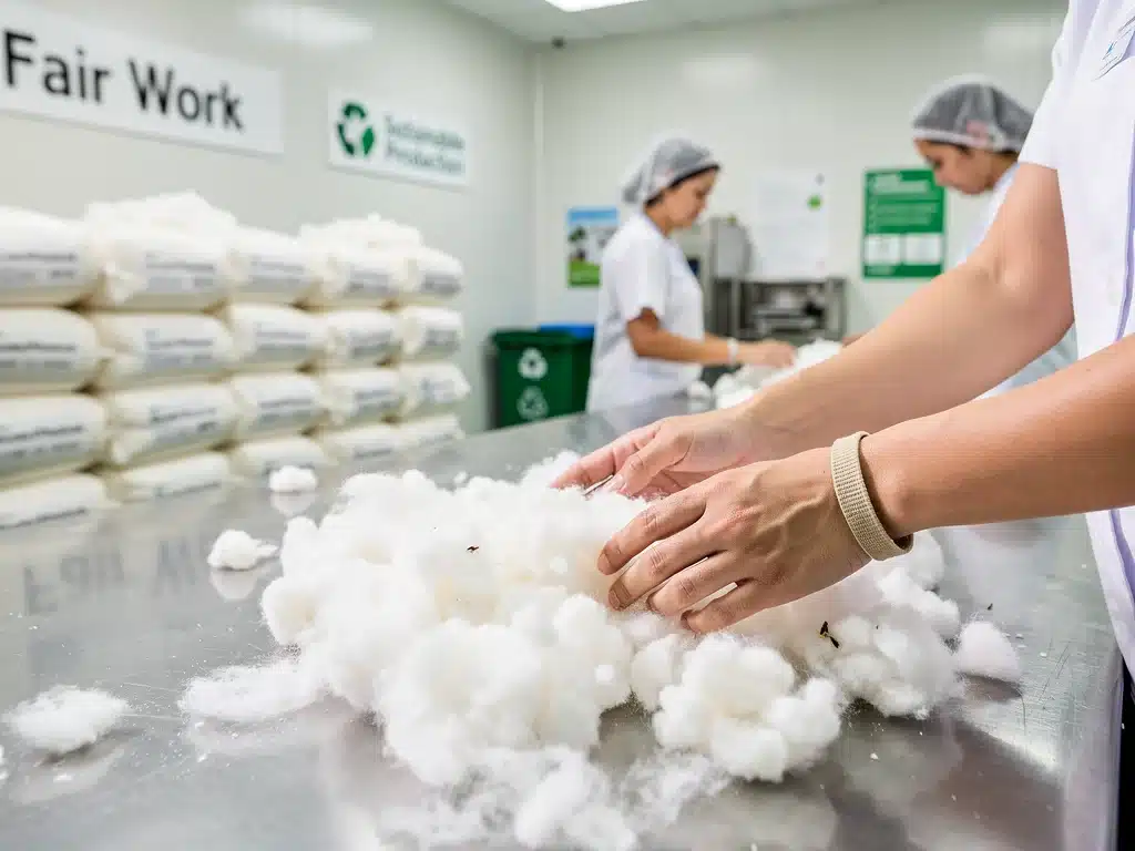 Workers carefully handling organic cotton, highlighting fair labor and sustainable material sourcing.