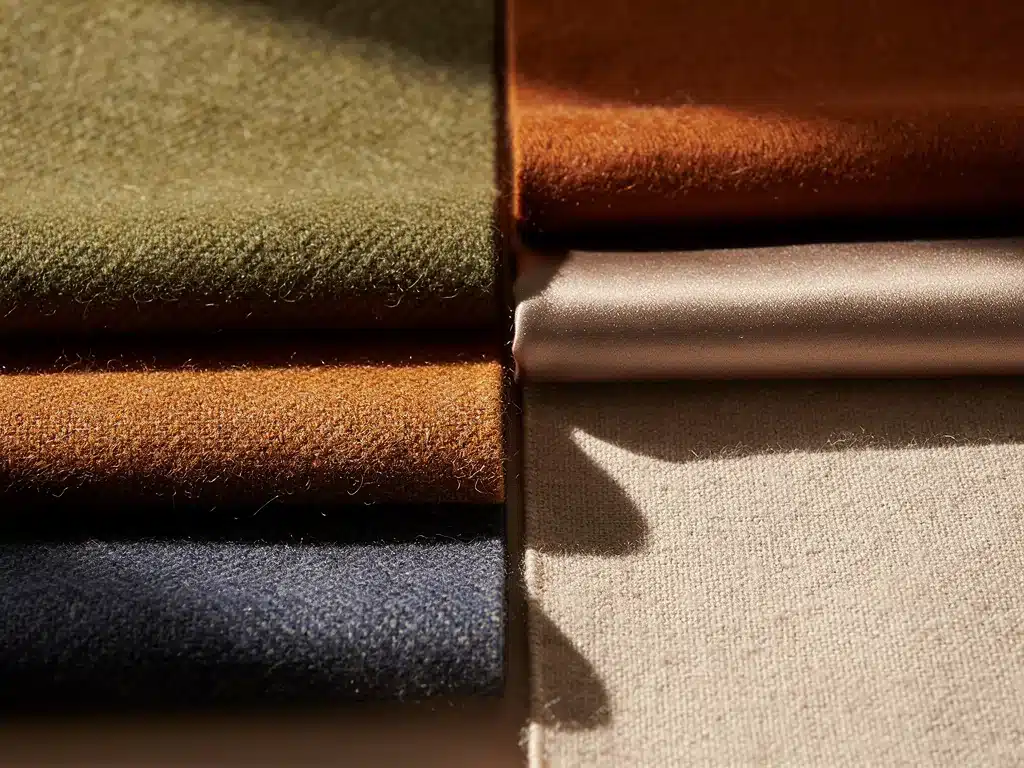 Fabric swatches for fall transition: wool, cashmere, cotton, silk.